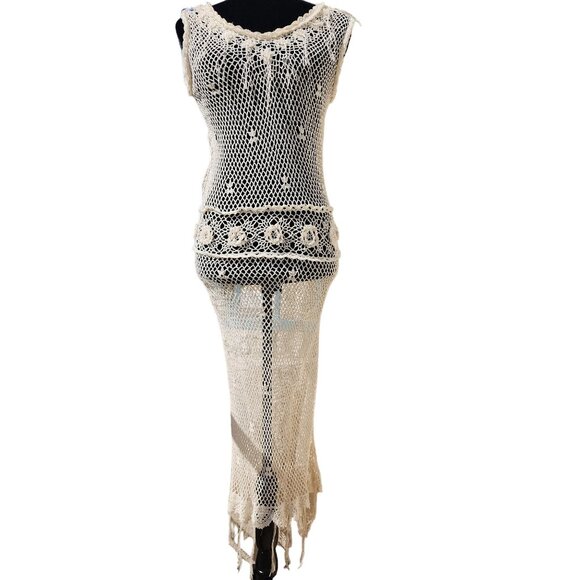 Luxury Stylish Knit Designer Crochet Knitted Maxi Fringes Flowers Dress Tunic NW - Picture 3 of 11